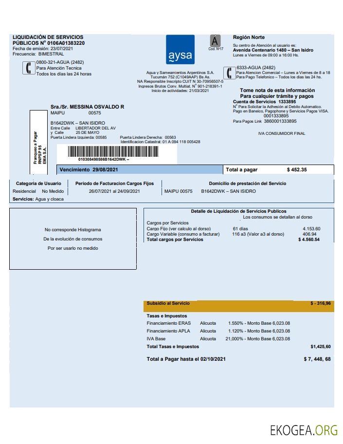 Argentina water utility bill template Aysa in Word and PDF format (.doc and .pdf)